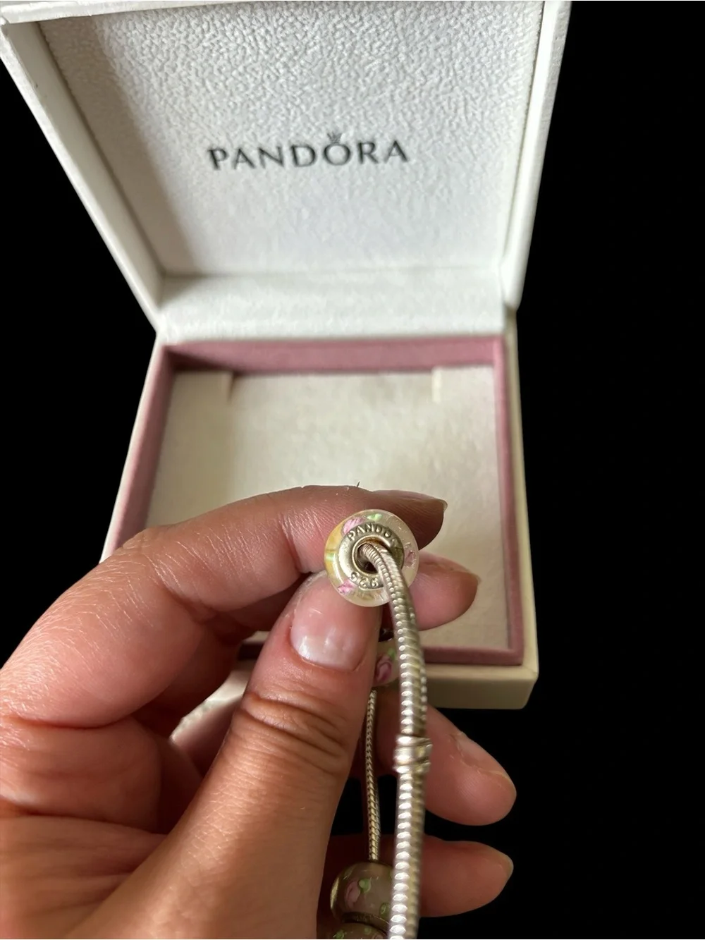 Pandora Silver Bracelet with Pink and Green Floral Glass Beads